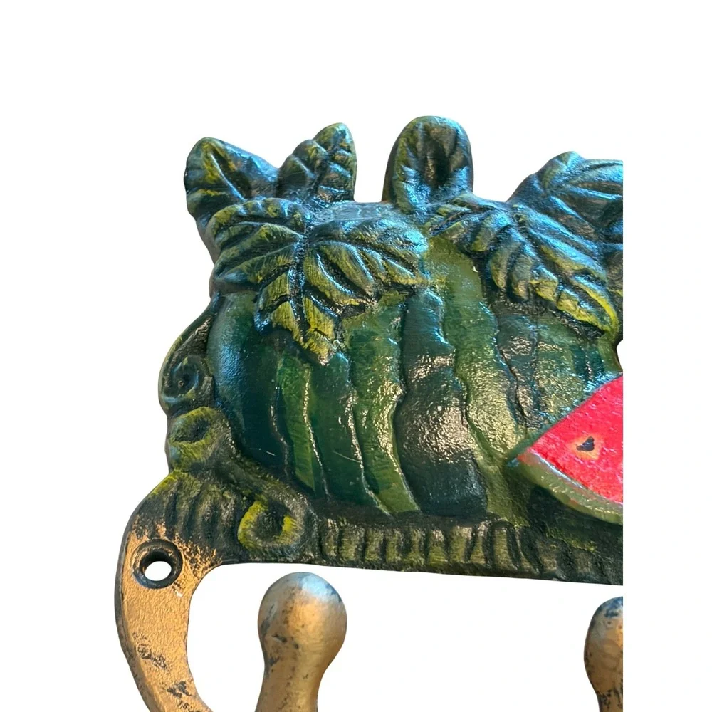 Cast Iron Watermelon Wall Hook Double Rack Rustic Fruit Decor Green Red Bronze